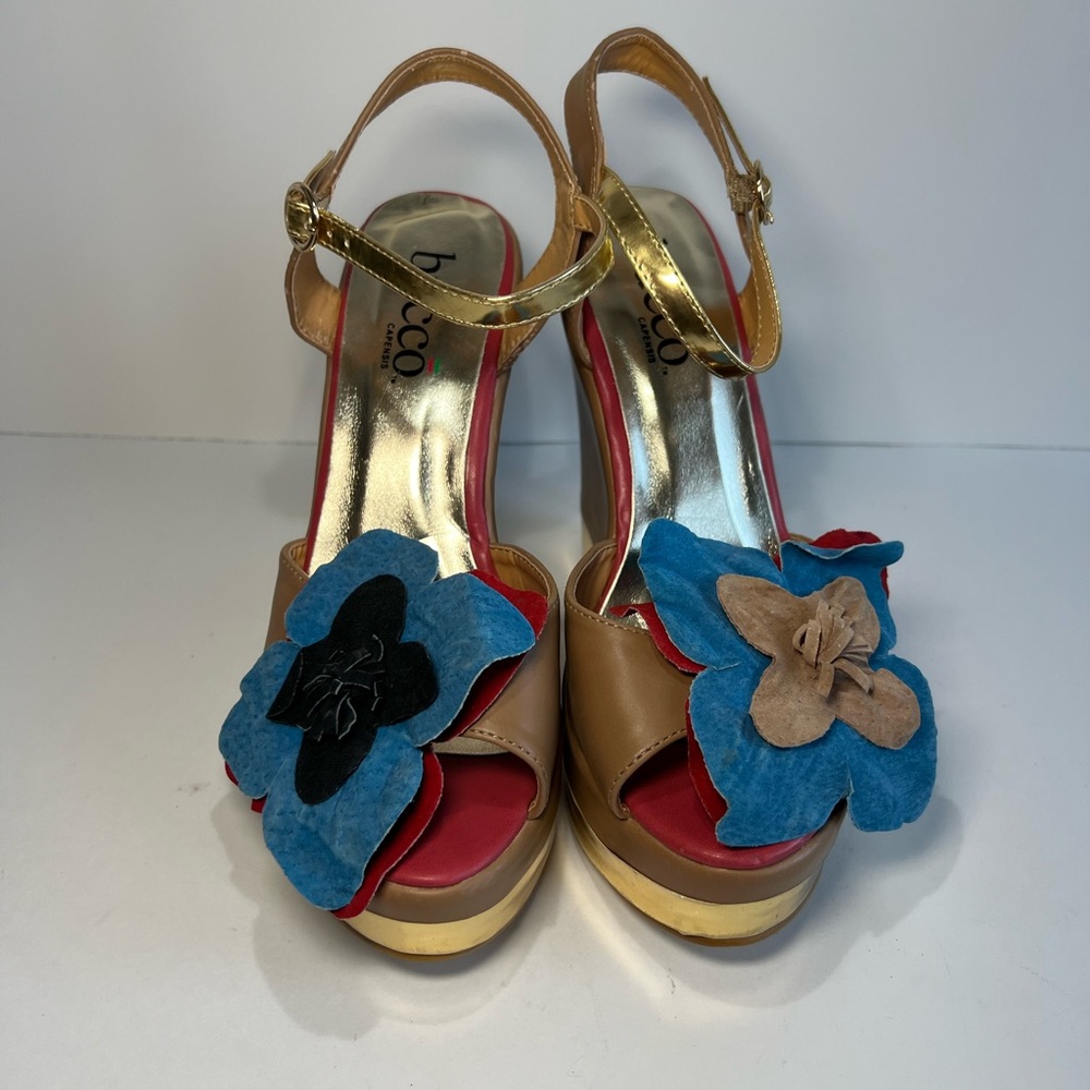 Bucco Capensis Sandals Wedge High Heel Shoes High Heels Tan Brown Flower Size 8